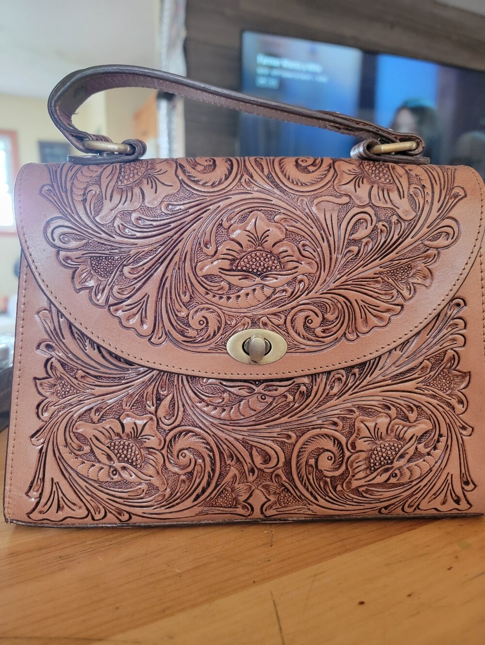 Myra Savanna Scroll Women’s Tan Leather Crossbody Bag with Adjustable Strap